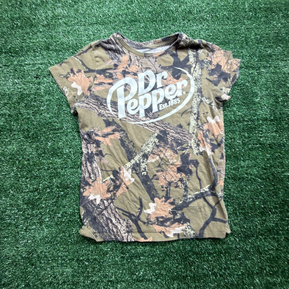 Dr Pepper Camo Graphic T-Shirt Womens XS Green Brown Forest Tree Print Cotton